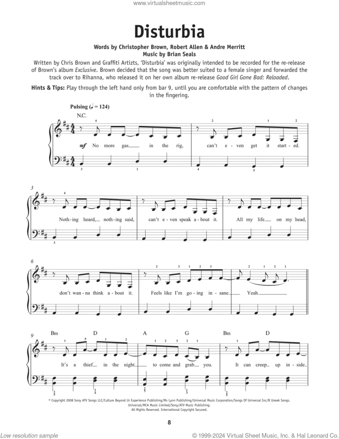 Disturbia, (beginner) sheet music for piano solo by Rihanna, The Cab, Andre Merritt, Brian Seals, Chris Brown and Robert Allen, beginner skill level