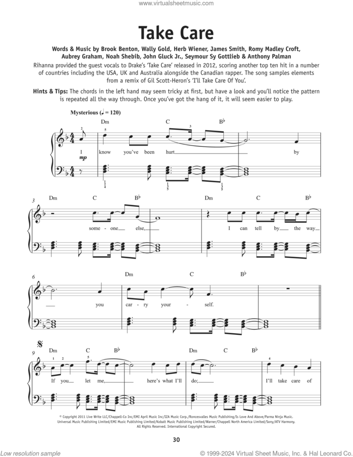 Take Care sheet music for piano solo by Drake and Rihanna, Rihanna, Anthony Palman, Aubrey Graham, Brook Benton, Herbert Weiner, Jamie Smith, John Gluck, Noah Shebib, Romy Madley Croft, Seymore Gottlieb and Wally Gold, beginner skill level