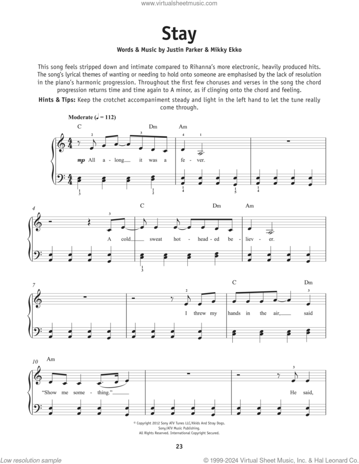 Stay sheet music for piano solo by Rihanna, Justin Parker and Mikky Ekko, beginner skill level