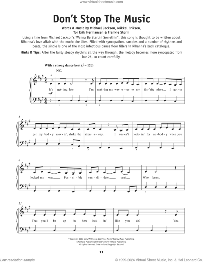 Don't Stop The Music sheet music for piano solo by Rihanna, Frankie Storm, Michael Jackson, Mikkel Eriksen and Tor Erik Hermansen, beginner skill level