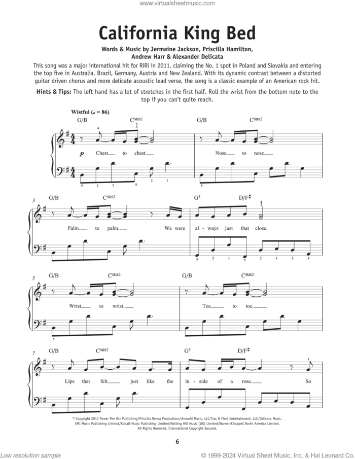 California King Bed sheet music for piano solo by Rihanna, Andrew Harr, Jermaine Jackson and Priscilla Renea, beginner skill level