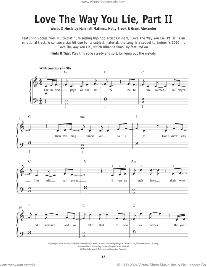 Love The Way You Lie, Pt. 2 sheet music for piano solo by Rihanna feat. Eminem, Alexander Grant, Holly Hafermann and Marshall Mathers III, beginner skill level