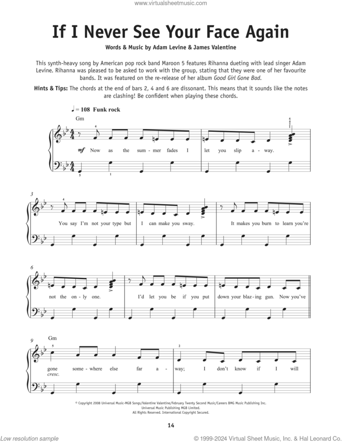 If I Never See Your Face Again (feat. Rihanna) sheet music for piano solo by Maroon 5, Maroon5 feat. Rihanna, Adam Levine and James Valentine, beginner skill level