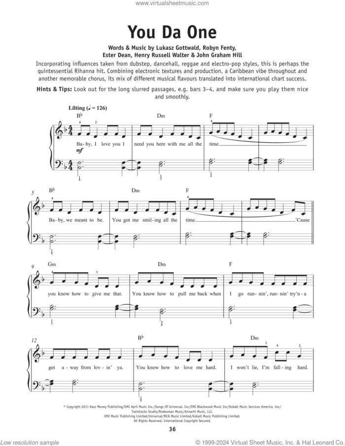 You Da One, (beginner) sheet music for piano solo by Rihanna, Ester Dean, Henry Walter, John Hill, Lukasz Gottwald and Robyn Fenty, beginner skill level