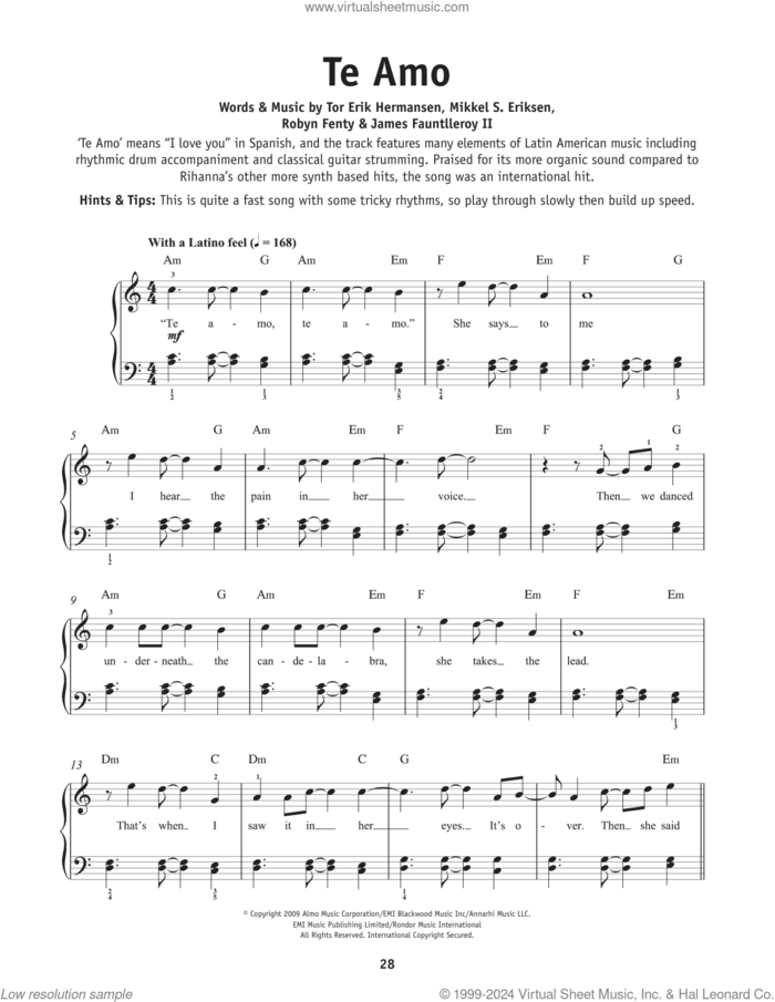 Te Amo, (beginner) sheet music for piano solo by Rihanna, James Fauntleroy, Mikkel Eriksen, Robyn Fenty and Tor Erik Hermansen, beginner skill level