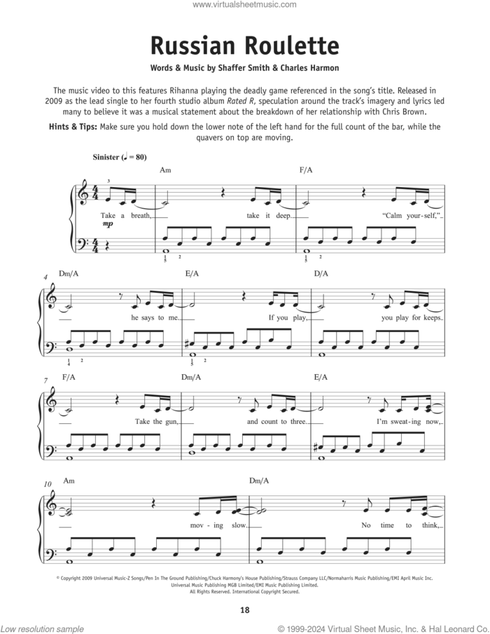 Russian Roulette, (beginner) sheet music for piano solo by Rihanna, Charles Harmon and Shaffer Smith, beginner skill level