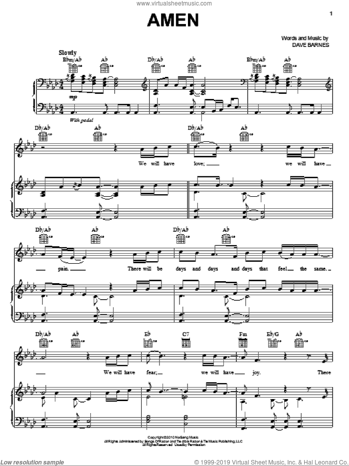 Amen sheet music for voice, piano or guitar by Dave Barnes, intermediate skill level