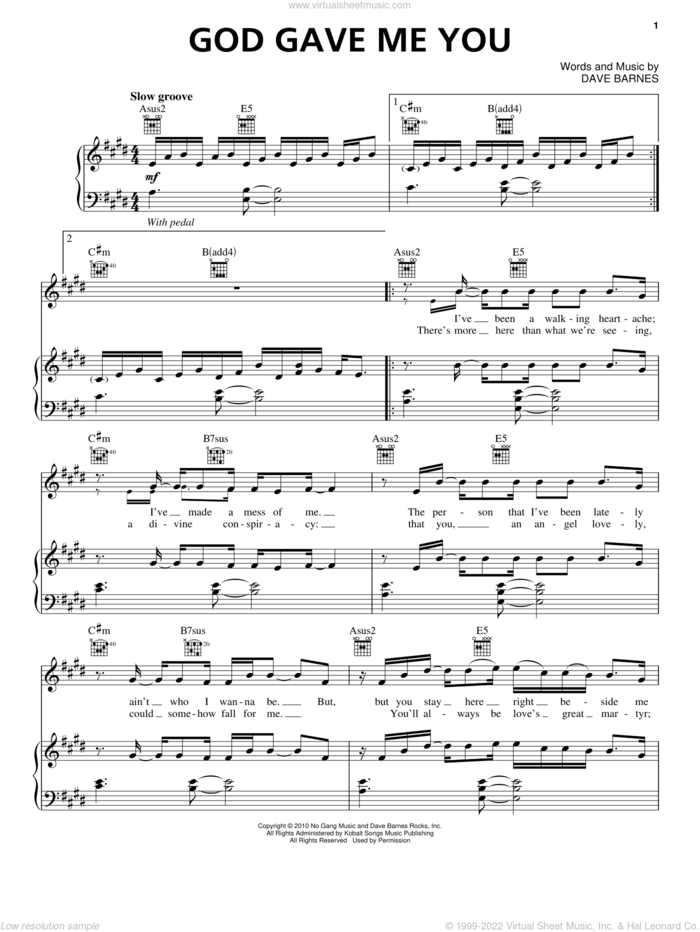 God Gave Me You sheet music for voice, piano or guitar by Dave Barnes and Blake Shelton, wedding score, intermediate skill level