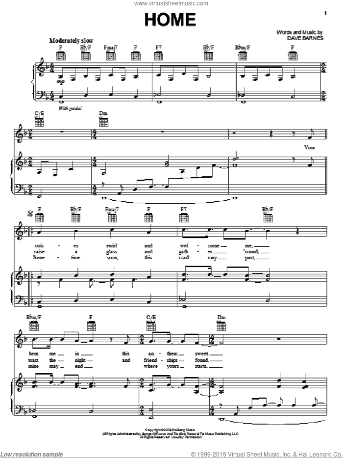 Home sheet music for voice, piano or guitar by Dave Barnes, intermediate skill level