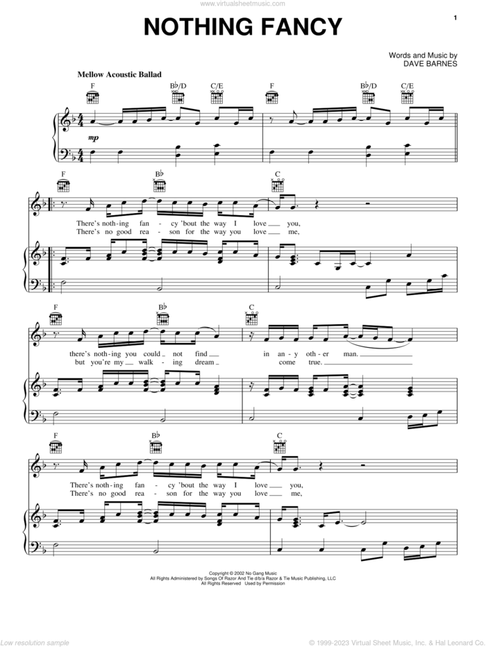 Nothing Fancy sheet music for voice, piano or guitar by Dave Barnes, intermediate skill level