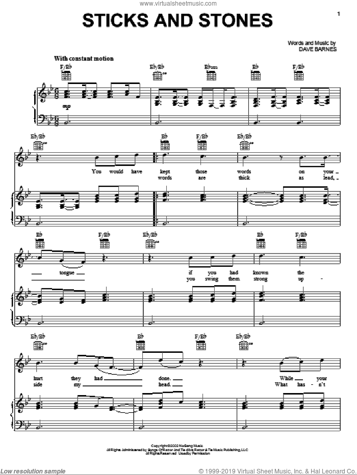 Sticks And Stones sheet music for voice, piano or guitar by Dave Barnes, intermediate skill level
