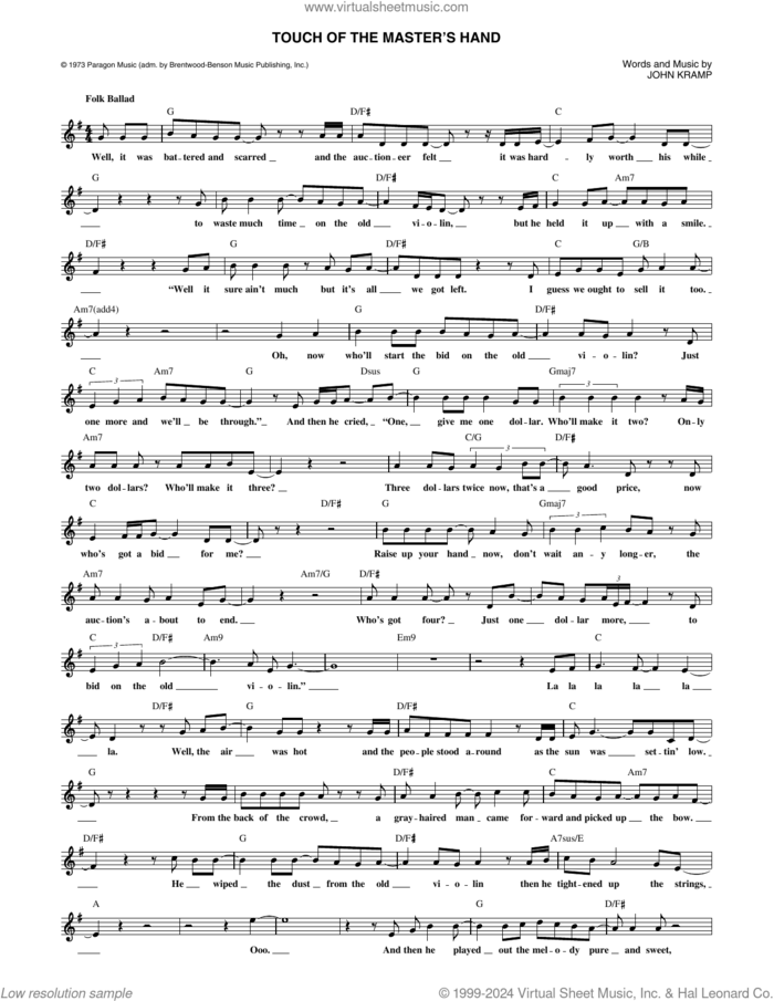 The Touch Of The Master's Hand sheet music for voice and other instruments (fake book) by John Kramp, intermediate skill level