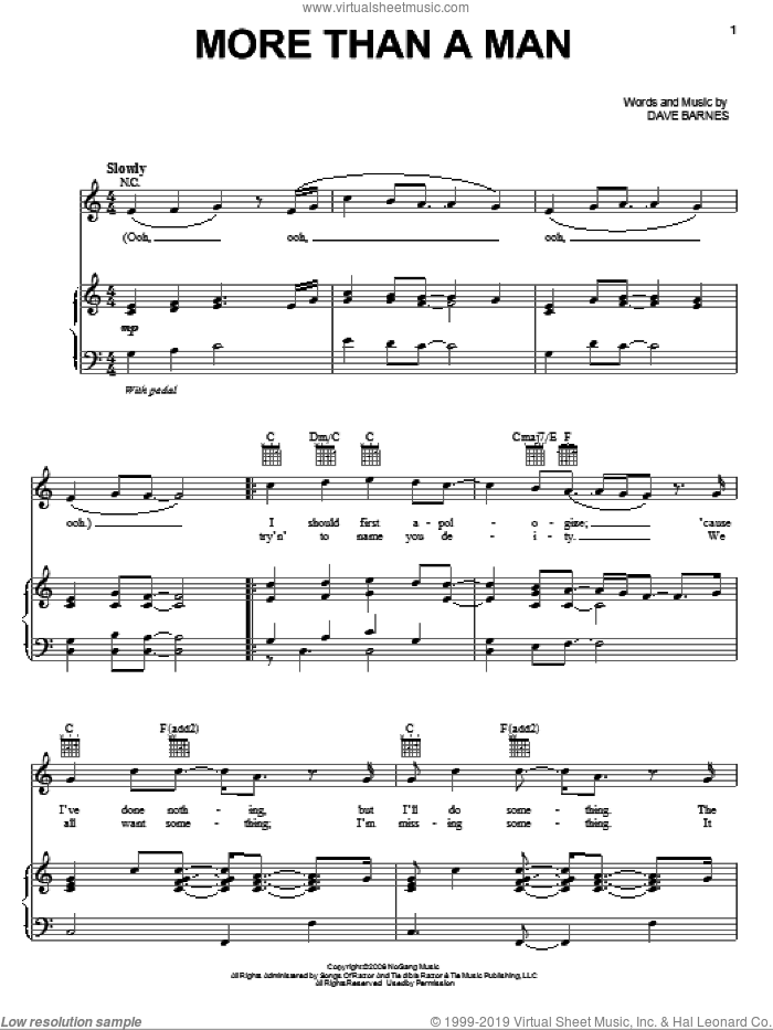 More Than A Man sheet music for voice, piano or guitar by Dave Barnes, intermediate skill level