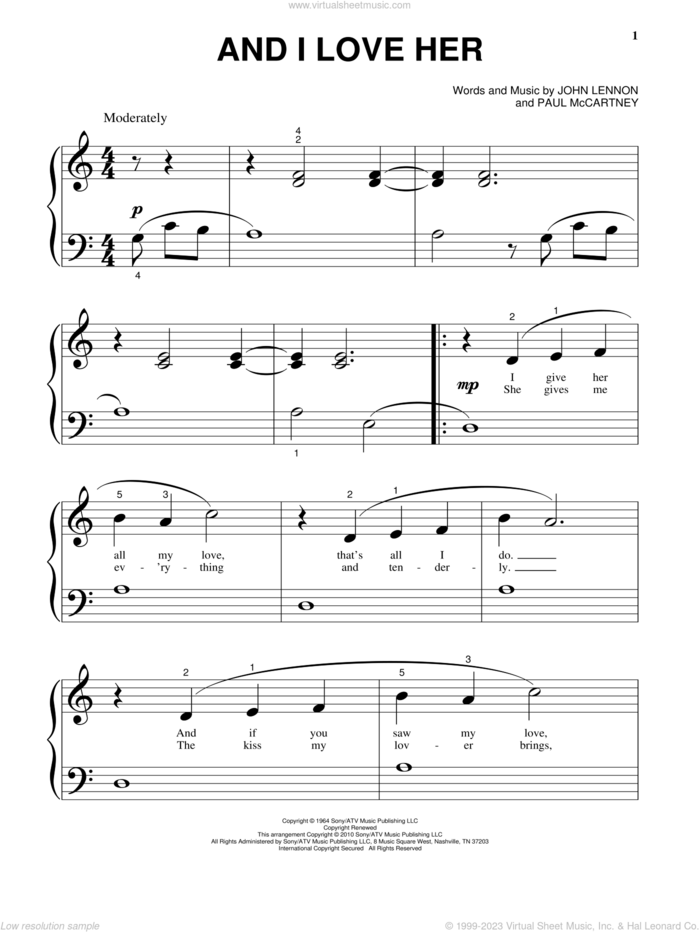 And I Love Her, (beginner) sheet music for piano solo by The Beatles, John Lennon and Paul McCartney, wedding score, beginner skill level