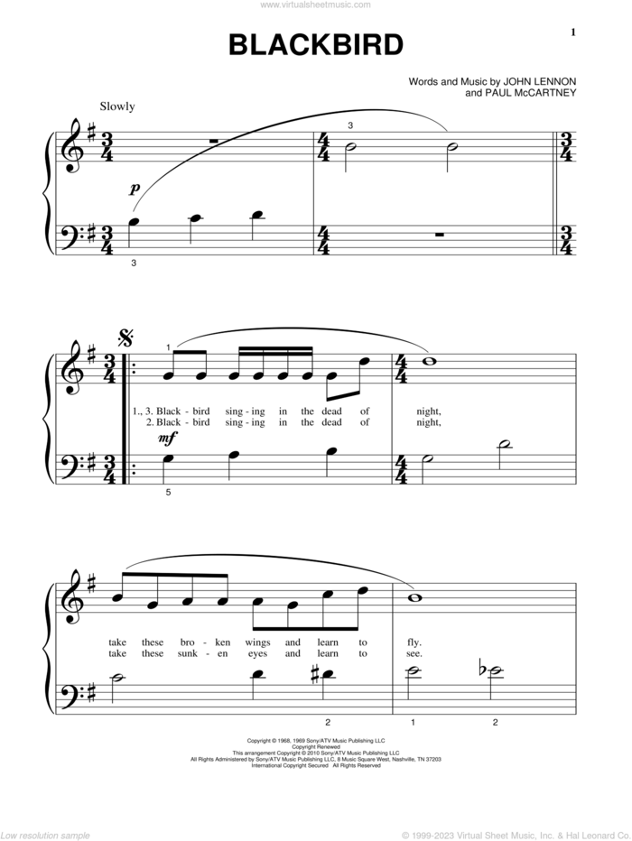 Blackbird sheet music for piano solo (big note book) by The Beatles, John Lennon and Paul McCartney, easy piano (big note book)