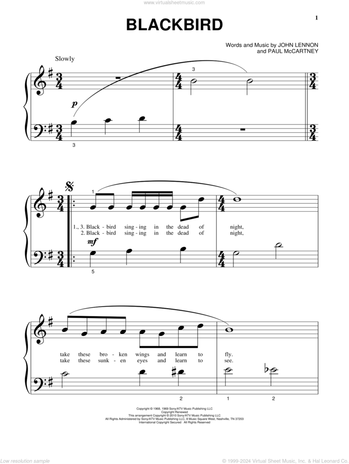 Blackbird, (beginner) sheet music for piano solo by The Beatles, John Lennon and Paul McCartney, beginner skill level