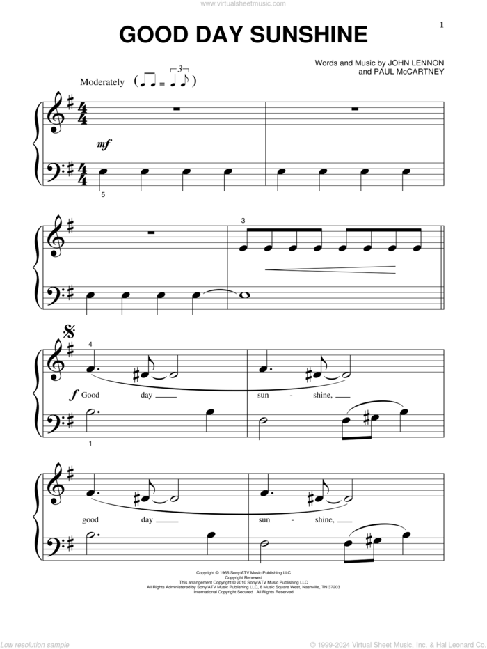 Good Day Sunshine, (beginner) sheet music for piano solo by The Beatles, John Lennon and Paul McCartney, beginner skill level