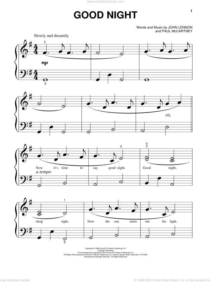 Good Night, (beginner) sheet music for piano solo by The Beatles, John Lennon and Paul McCartney, beginner skill level