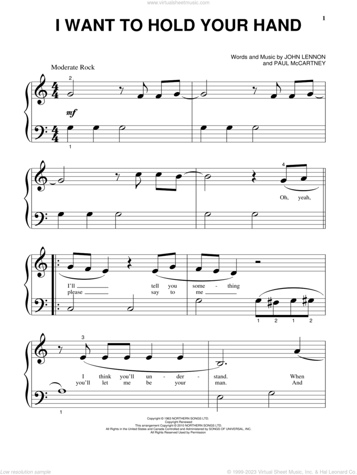 I Want To Hold Your Hand, (beginner) sheet music for piano solo by The Beatles, John Lennon and Paul McCartney, beginner skill level