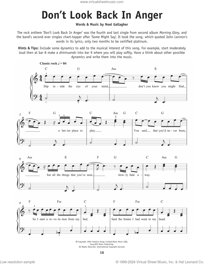 Don't Look Back In Anger sheet music for piano solo by Oasis and Noel Gallagher, beginner skill level