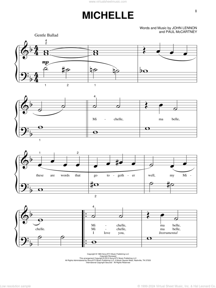 Michelle, (beginner) sheet music for piano solo by The Beatles, John Lennon and Paul McCartney, beginner skill level