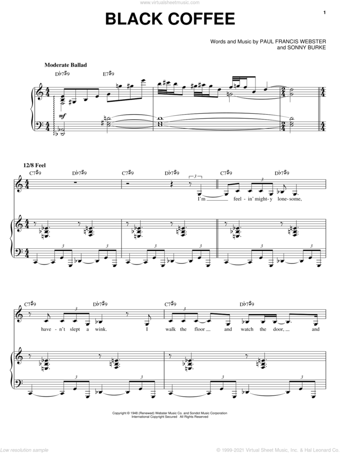 Black Coffee sheet music for voice and piano by Sarah Vaughan, Paul Francis Webster and Sonny Burke, intermediate skill level