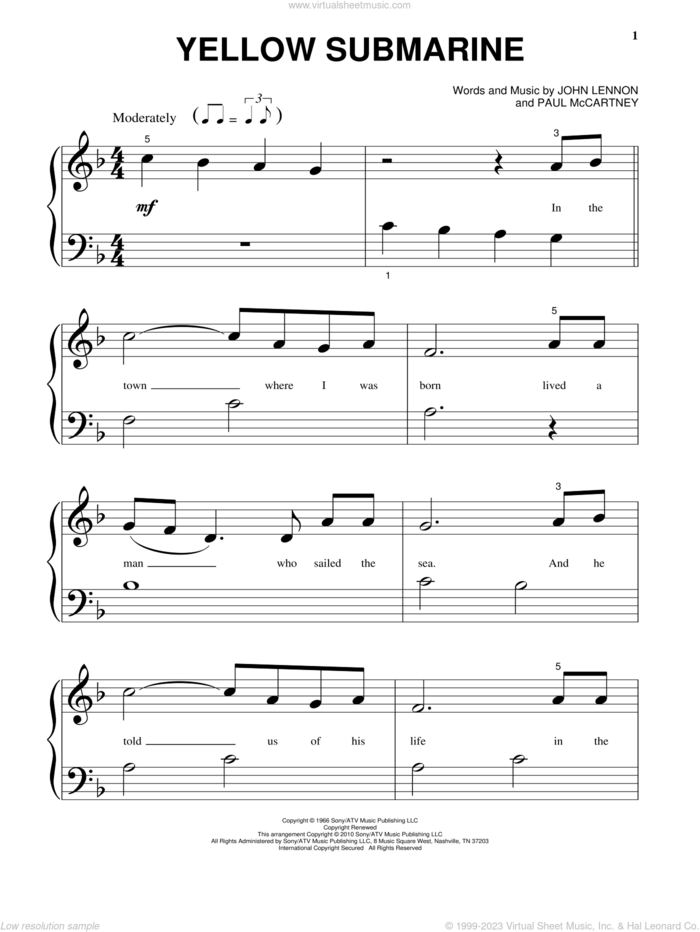 Yellow Submarine, (beginner) sheet music for piano solo by The Beatles, John Lennon and Paul McCartney, beginner skill level