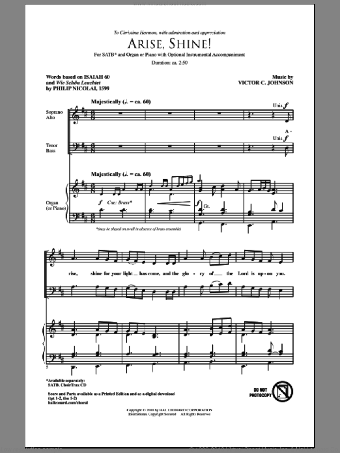 Arise, Shine! sheet music for choir (SATB: soprano, alto, tenor, bass) by Victor Johnson, intermediate skill level