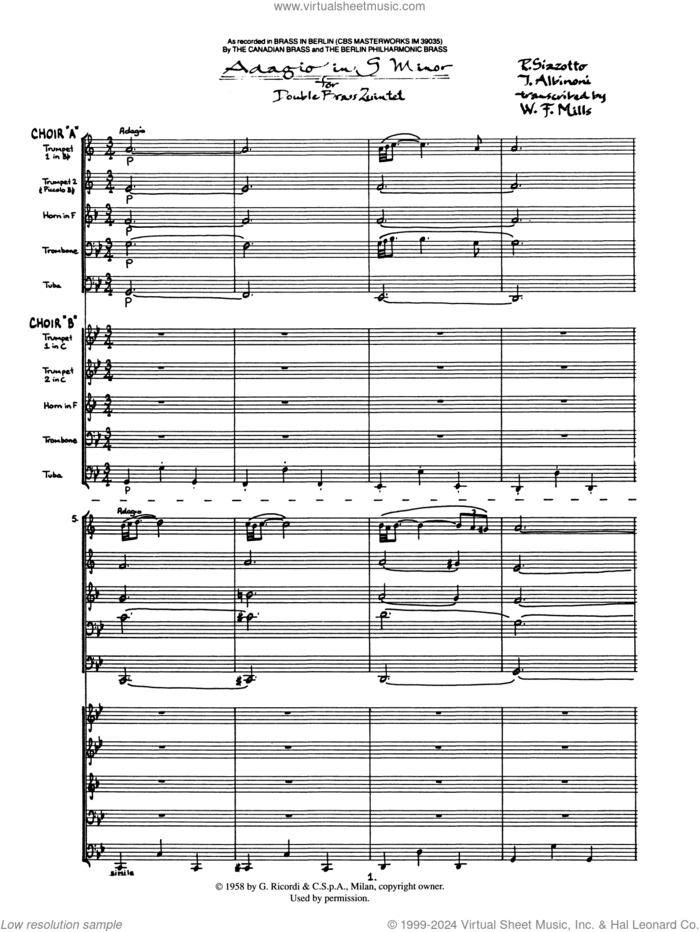 Adagio in G Minor (COMPLETE) sheet music for brass ensemble by Canadian Brass, Fred Mills and Tomaso Albinoni, classical score, intermediate skill level