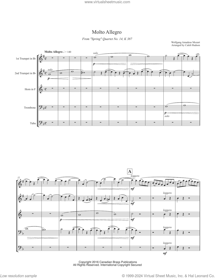 Molto Allegro from Spring Quartet, No. 14, K 387 (COMPLETE) sheet music for brass quintet by Canadian Brass, Caleb Hudson and Wolfgang Amadeus Mozart, classical score, intermediate skill level