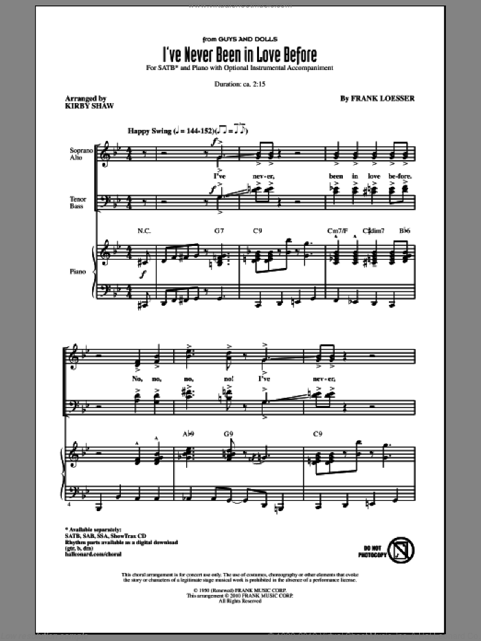 I've Never Been In Love Before sheet music for choir (SATB: soprano, alto, tenor, bass) by Frank Loesser and Kirby Shaw, intermediate skill level