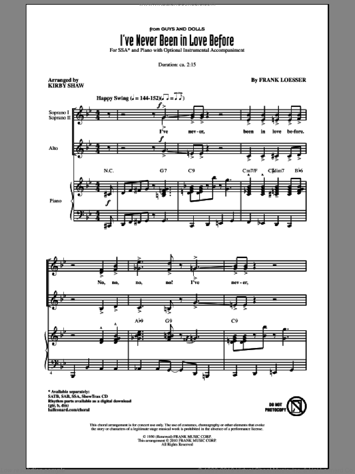 I've Never Been In Love Before sheet music for choir (SSA: soprano, alto) by Frank Loesser and Kirby Shaw, intermediate skill level