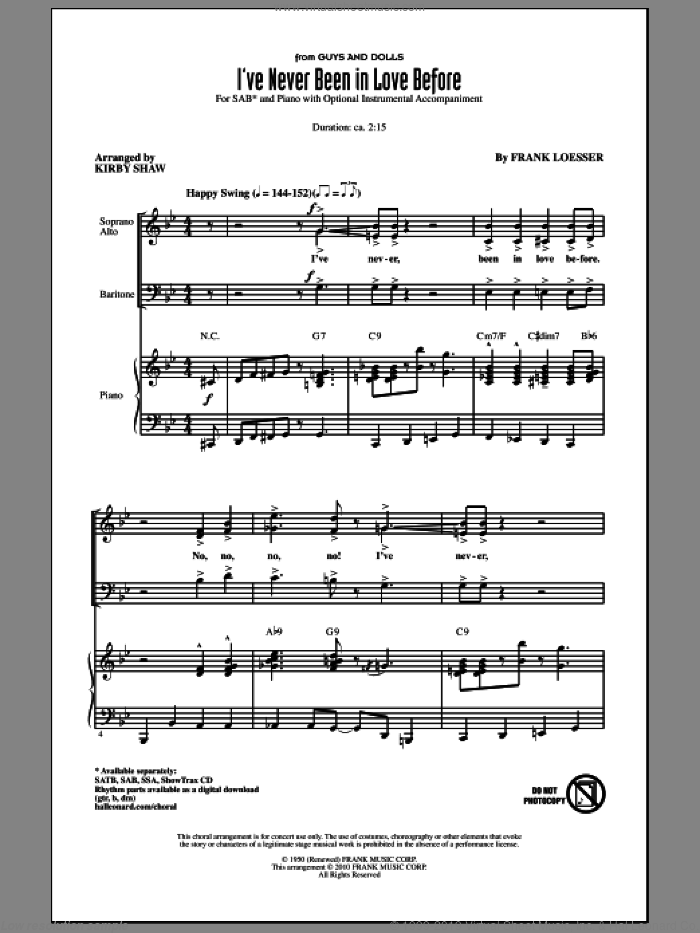 I've Never Been In Love Before sheet music for choir (SAB: soprano, alto, bass) by Frank Loesser and Kirby Shaw, intermediate skill level
