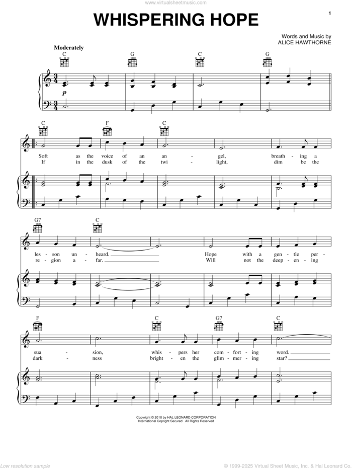 Whispering Hope sheet music for voice, piano or guitar by Alice Hawthorne and Septimus Winner, intermediate skill level