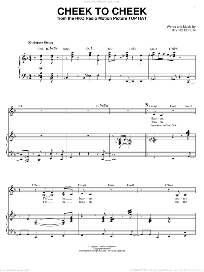 Cheek To Cheek sheet music for voice and piano by Sarah Vaughan and Irving Berlin, intermediate skill level
