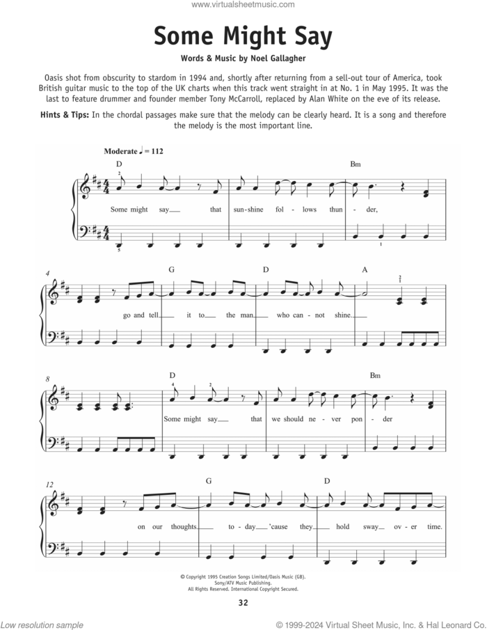 Some Might Say, (beginner) sheet music for piano solo by Oasis and Noel Gallagher, beginner skill level