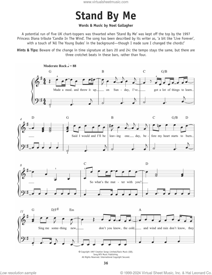 Stand By Me, (beginner) sheet music for piano solo by Oasis and Noel Gallagher, beginner skill level