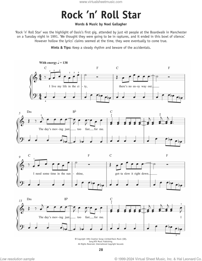 Rock 'N' Roll Star sheet music for piano solo by Oasis and Noel Gallagher, beginner skill level