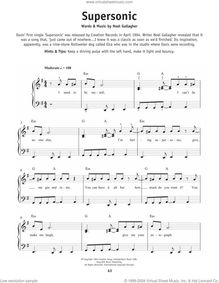 Supersonic, (beginner) sheet music for piano solo by Oasis and Noel Gallagher, beginner skill level