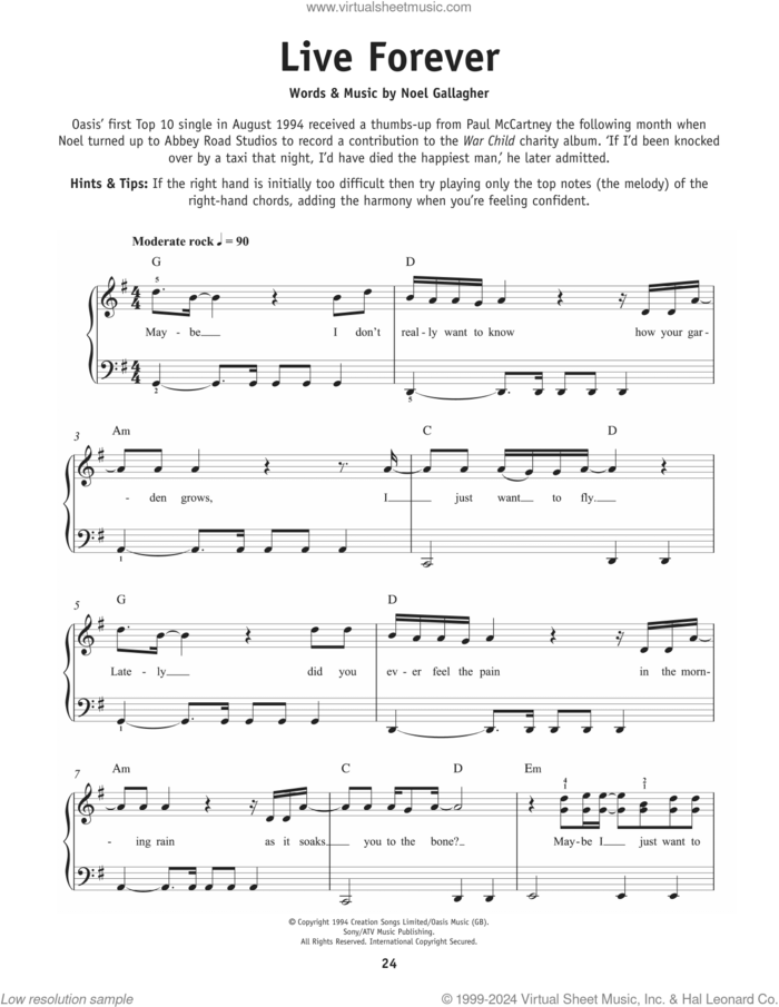 Live Forever sheet music for piano solo by Oasis and Noel Gallagher, beginner skill level