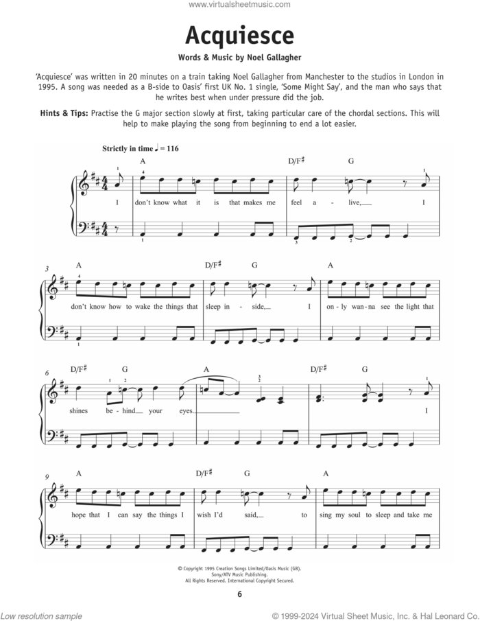 Acquiesce sheet music for piano solo by Oasis and Noel Gallagher, beginner skill level