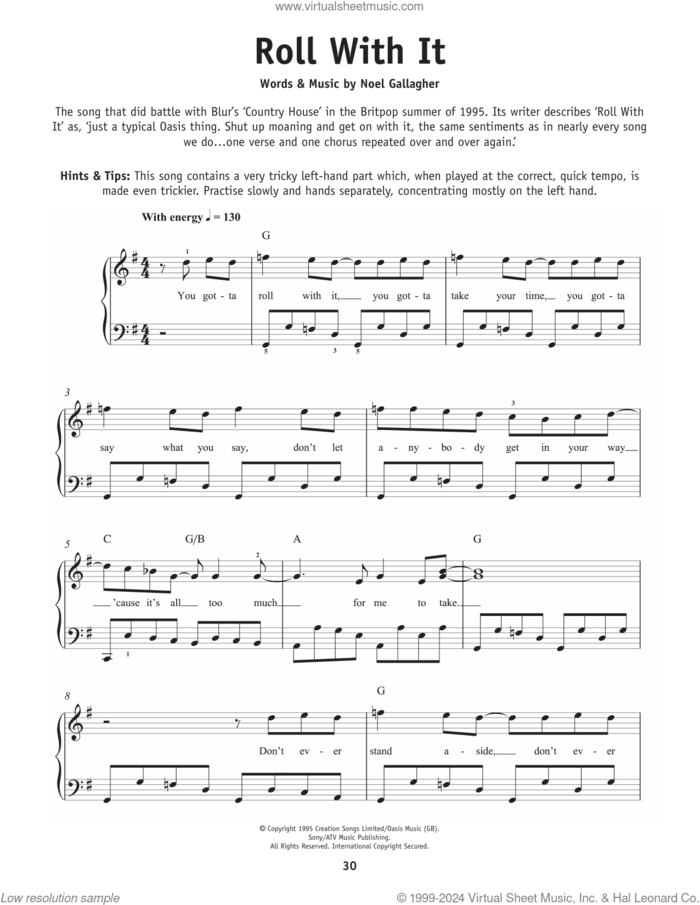 Roll With It sheet music for piano solo by Oasis and Noel Gallagher, beginner skill level