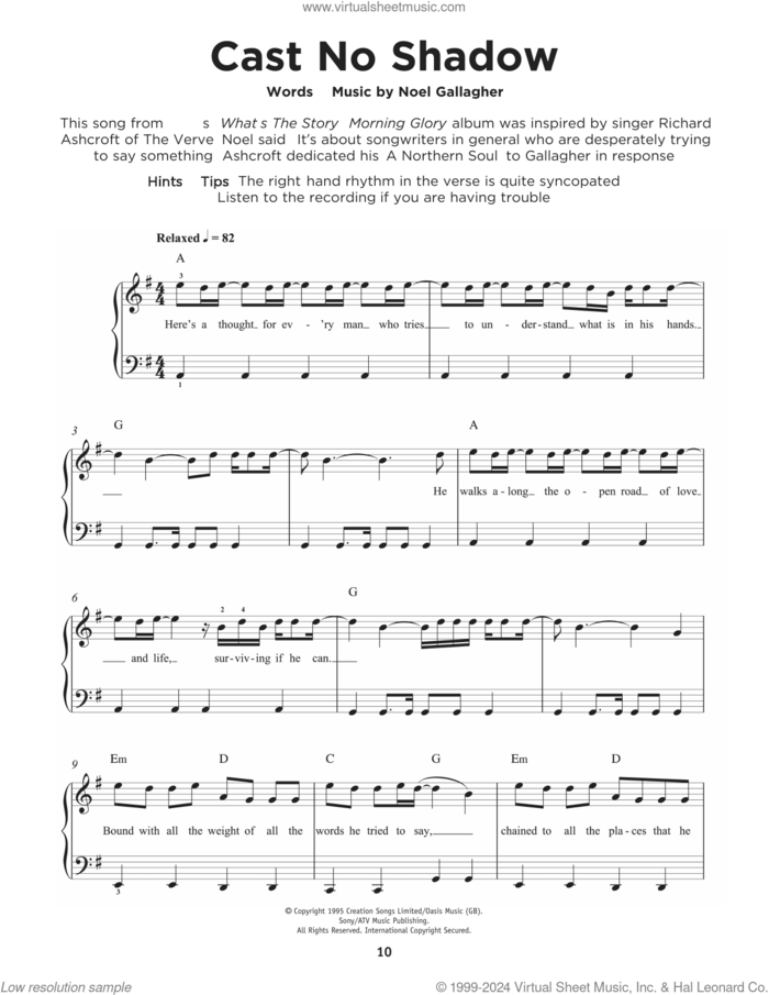 Cast No Shadow sheet music for piano solo by Oasis and Noel Gallagher, beginner skill level