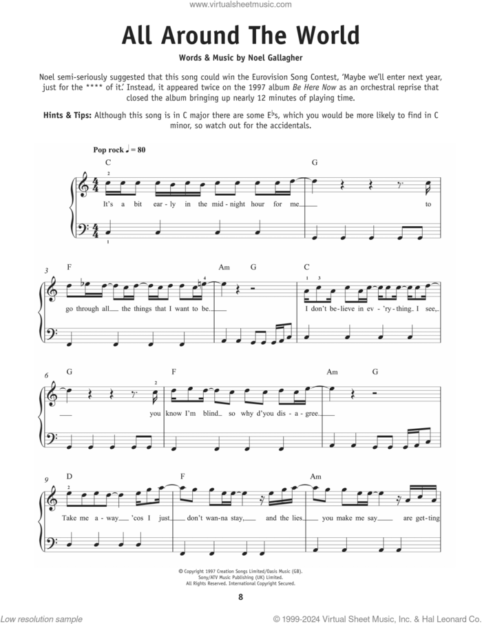 All Around The World sheet music for piano solo by Oasis and Noel Gallagher, beginner skill level