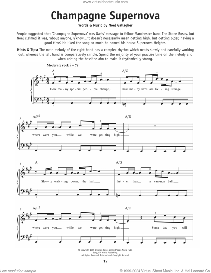 Champagne Supernova sheet music for piano solo by Oasis and Noel Gallagher, beginner skill level