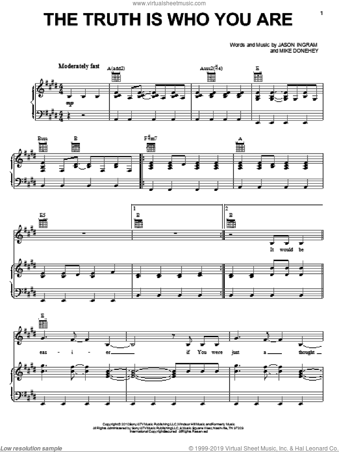 The Truth Is Who You Are sheet music for voice, piano or guitar by Tenth Avenue North, Jason Ingram and Mike Donehey, intermediate skill level