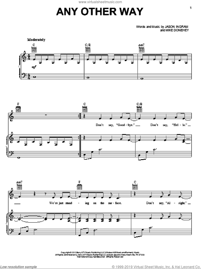 Any Other Way sheet music for voice, piano or guitar by Tenth Avenue North, Jason Ingram and Mike Donehey, intermediate skill level
