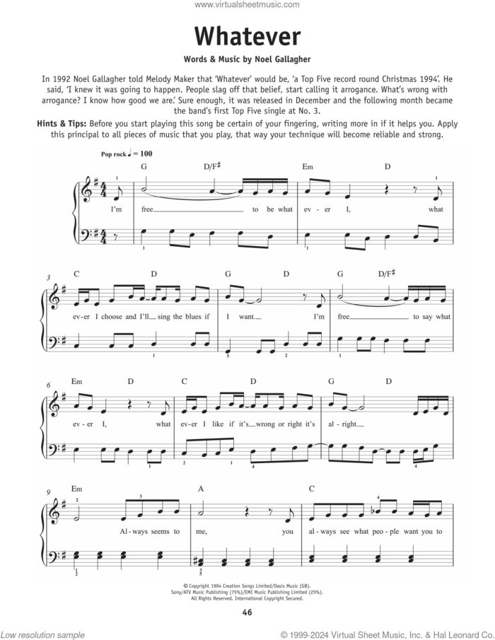 Whatever sheet music for piano solo by Oasis, Neil Innes and Noel Gallagher, beginner skill level