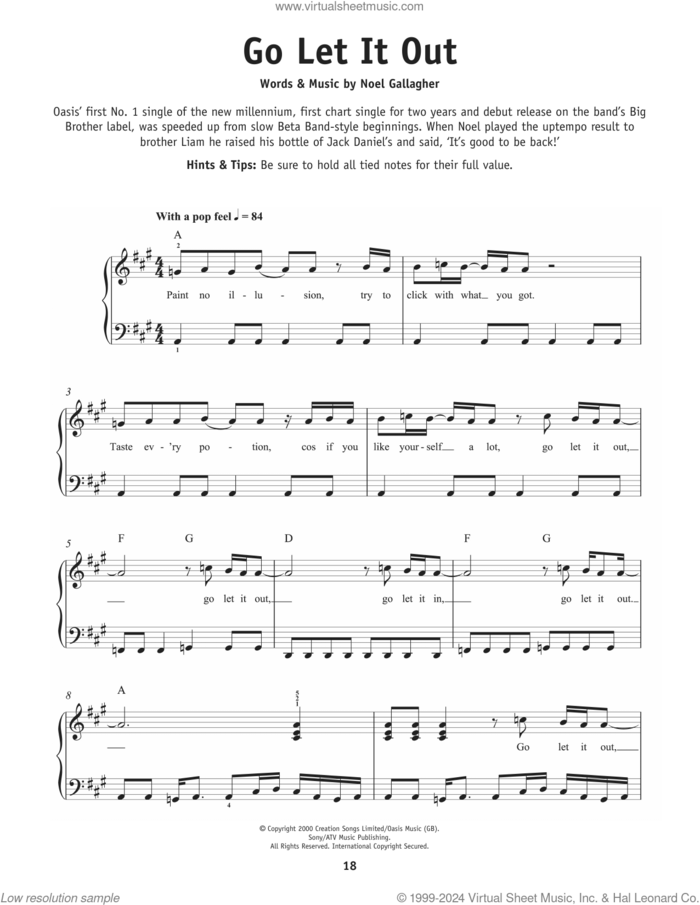 Go Let It Out sheet music for piano solo by Oasis and Noel Gallagher, beginner skill level