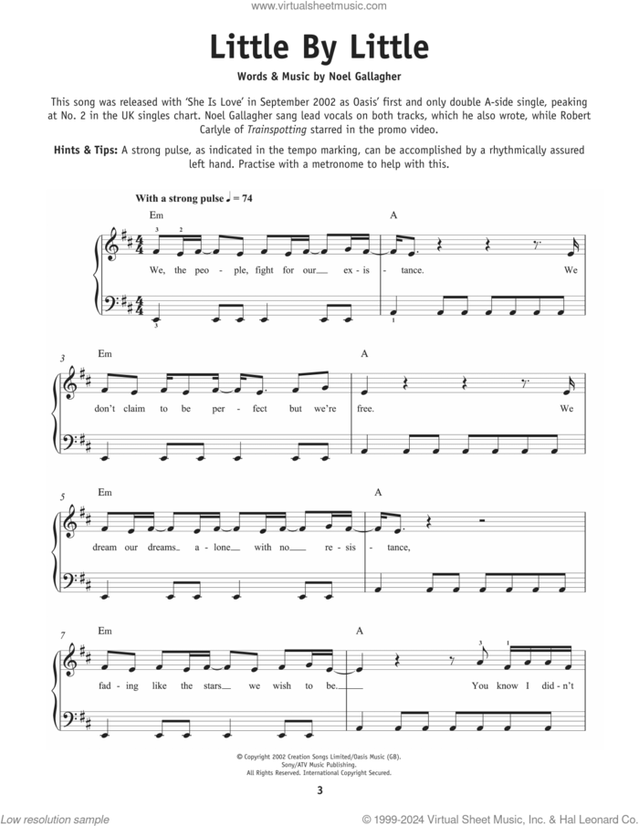 Little By Little, (beginner) sheet music for piano solo by Oasis and Noel Gallagher, beginner skill level